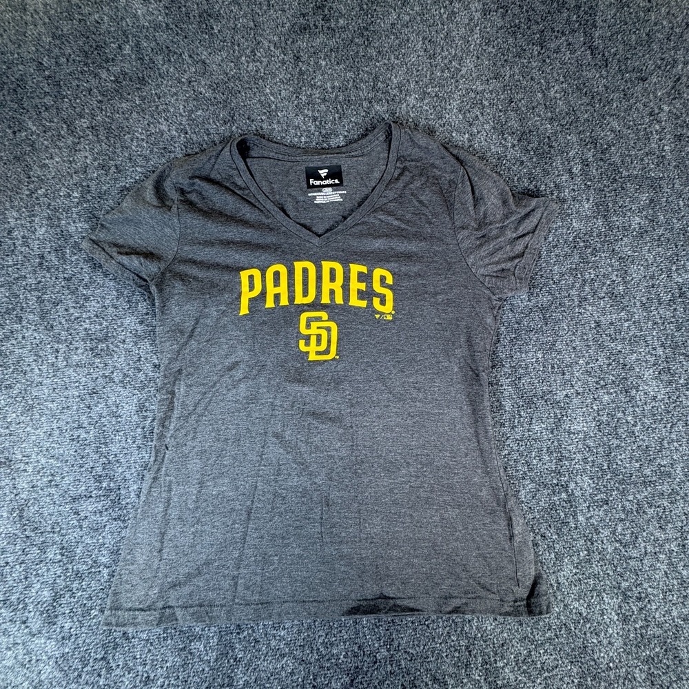 Fanatics San Diego Padres MLB T-Shirt Womens Large Charcoal Logo Cotton V-Neck